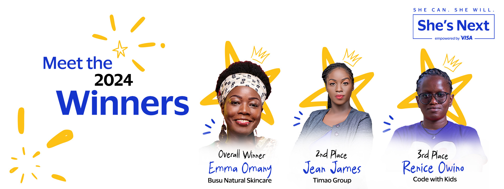 Meet the 2024 Winners. Overall Winner is Emma Omany (Busu Natural Skincare). 2nd Place is Jean James (Timao Group). 3rd Place is Renice Owino (Code with Kids)