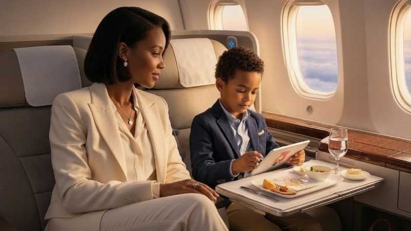 Woman and child seated in a premium airplane cabin using a tablet during a flight.